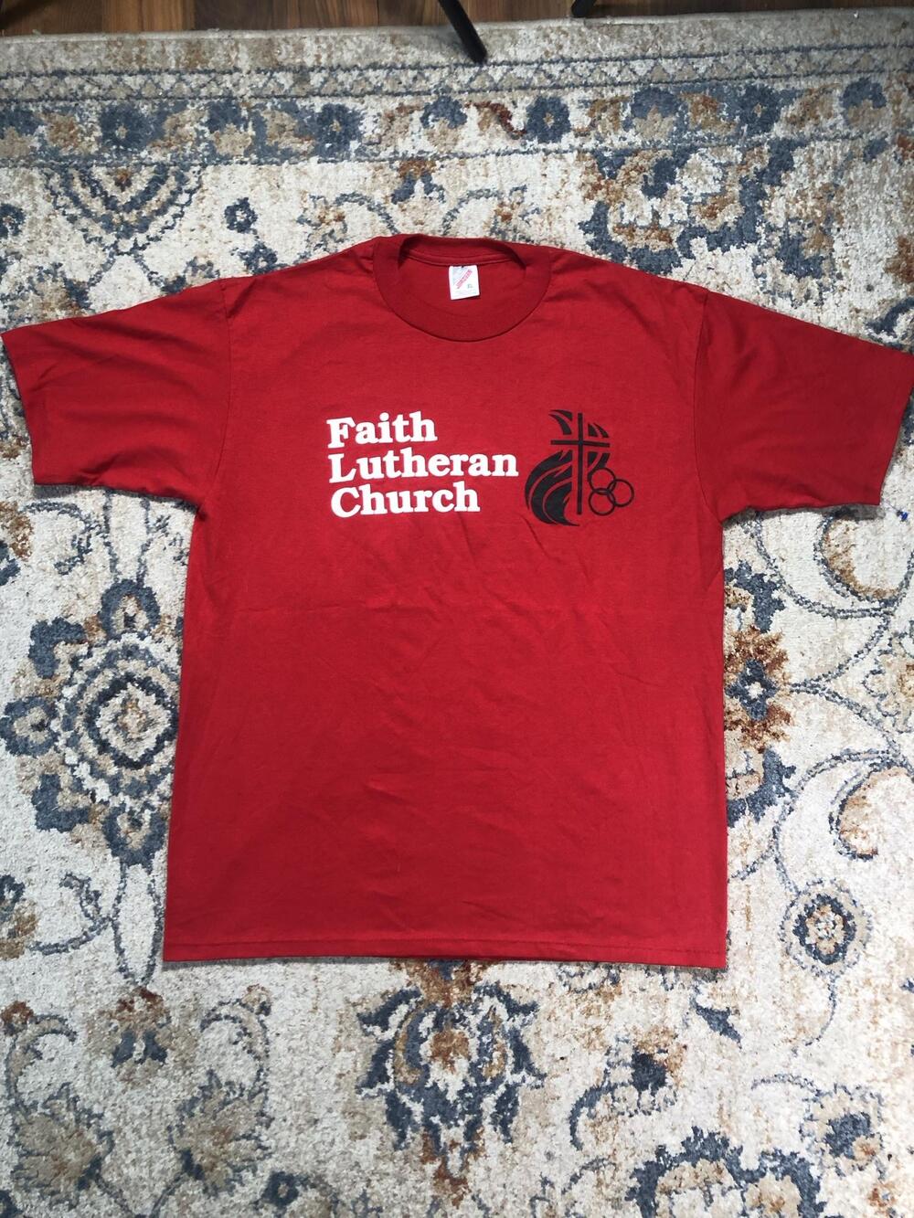 Vintage Jerzees Shirt Mens XL Red Faith Lutheran Church Graphic Tee Made USA